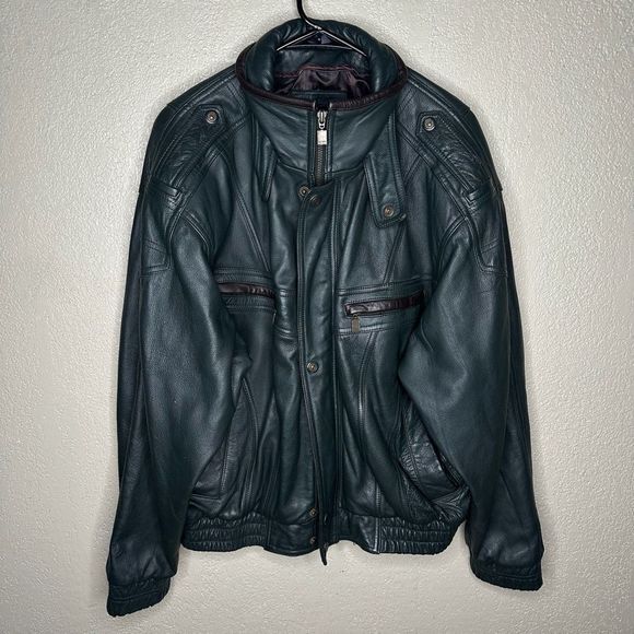 Vintage Saxony Green Leather Bomber Jacket Large - Picture 1 of 3